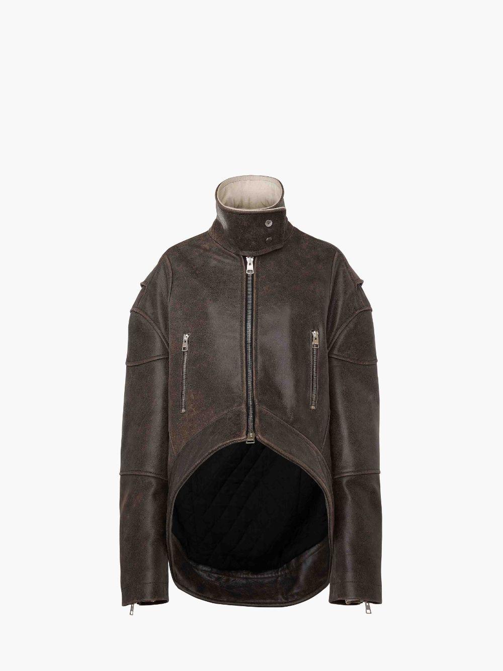 CURVED LEATHER HEM HIGH NECK JACKET in brown | JW Anderson US  Product Image