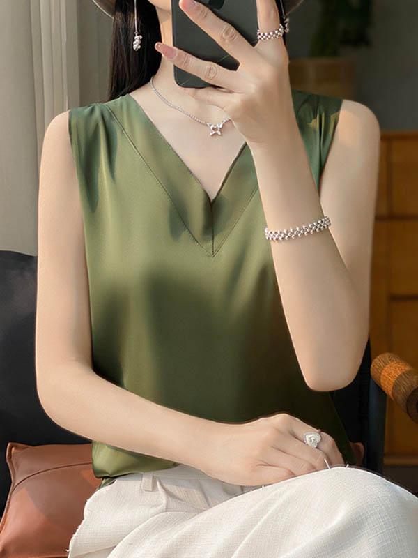 Loose Sleeveless Solid Color V-Neck Vest Top Product Image