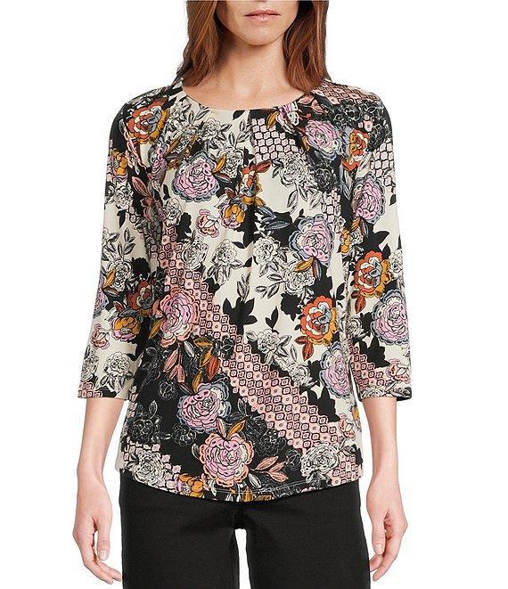 Intro Petite Size Knit Jersey Patch Floral Print 3/4 Sleeve Pleated Neck Tee Product Image