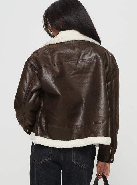 Solara Faux Leather Shearling Jacket Chocolate Product Image