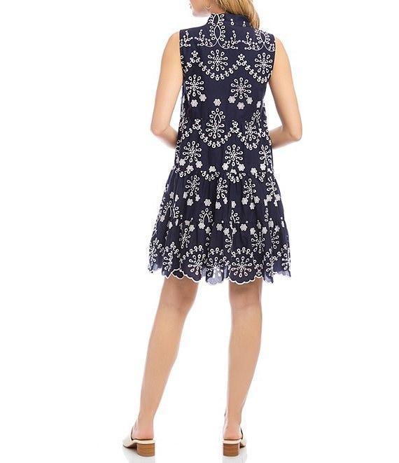 Karen Kane Petite Size Sleeveless Eyelet Split V-Neck Scalloped Hemline A-Line Dress Product Image