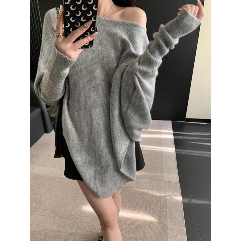 Boat Neck Slit Oversized Sweater Product Image