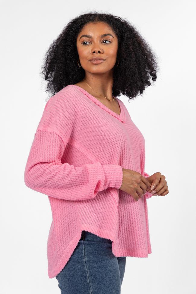 Idle Hands Pink Waffle Knit V-Neck Oversized Knit Top FINAL SALE Product Image