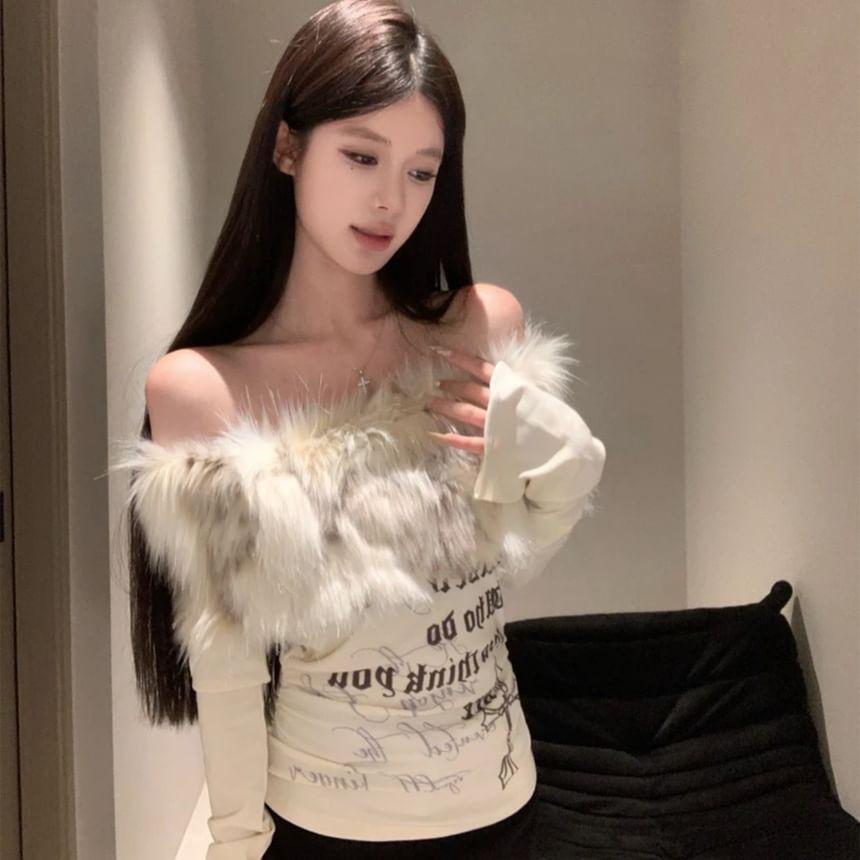 Long-Sleeve Off Shoulder Faux Fur Lettering Top Product Image