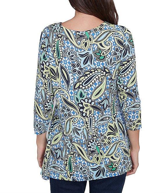 Ruby Rd. Petite Size Balinese Ikat Print Knit Crew Neck Lace Up Front Placket 3/4 Sleeve Top Product Image