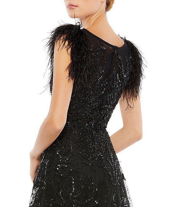 Mac Duggal Round Neck Short Feather Sleeve A-Line Beaded Floral Gown Product Image