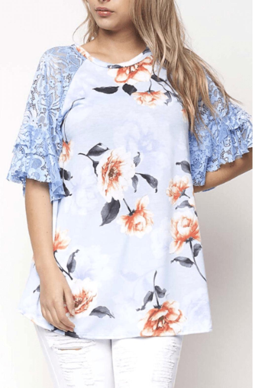 Blue Floral Lace Sleeve Top Product Image