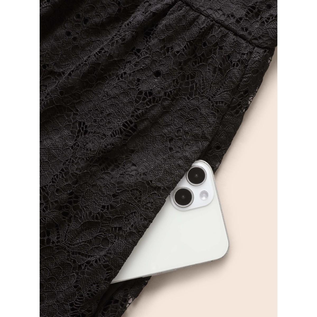 Plus Size Square Neck Lace Mesh Midi Dress Black Women Casual Woven ribbon&lace trim Square Neck Short sleeve Curvy BloomChic 28/5X Product Image