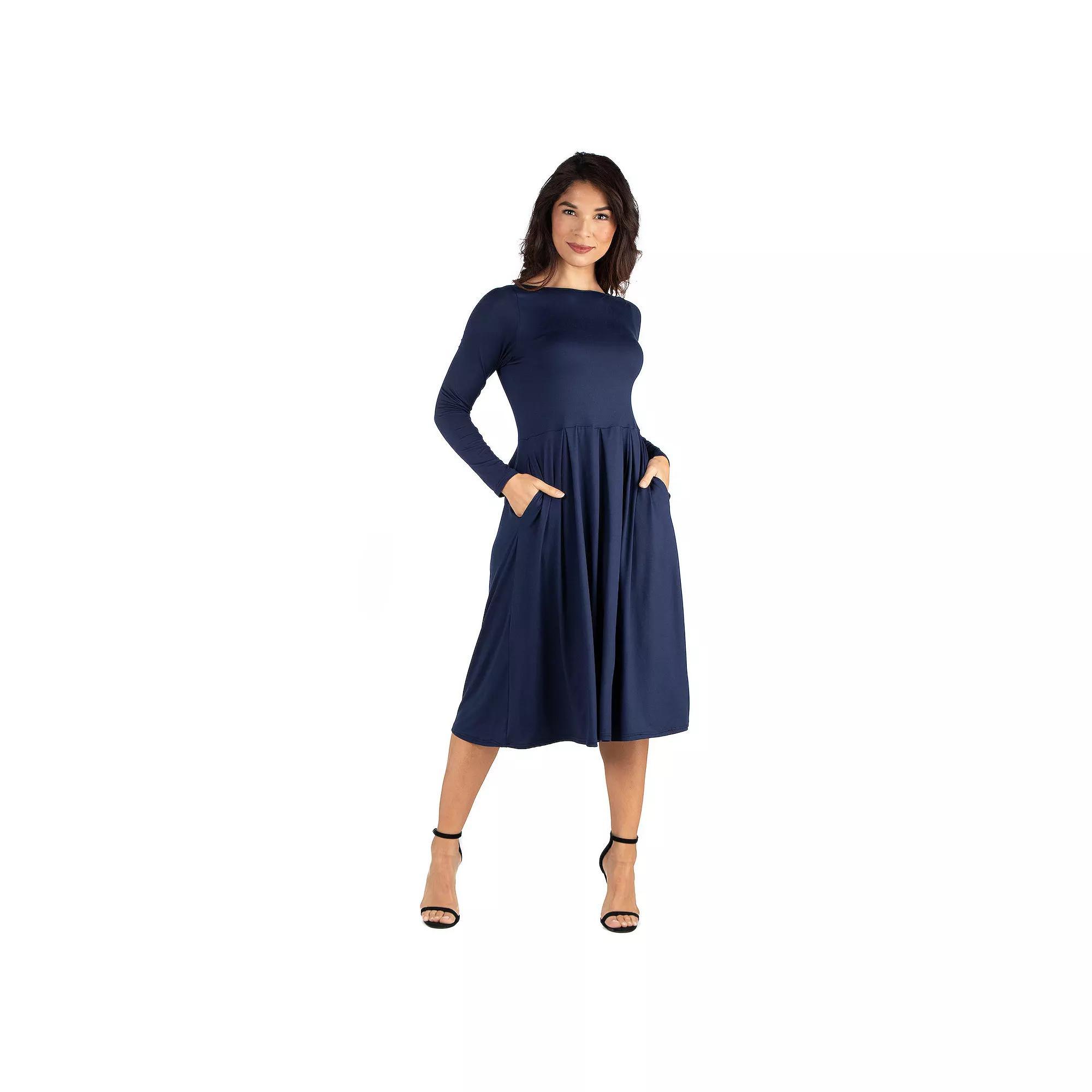 Women's 24Seven Comfort Apparel Long Sleeve Fit & Flare Dress with Pockets,  Product Image