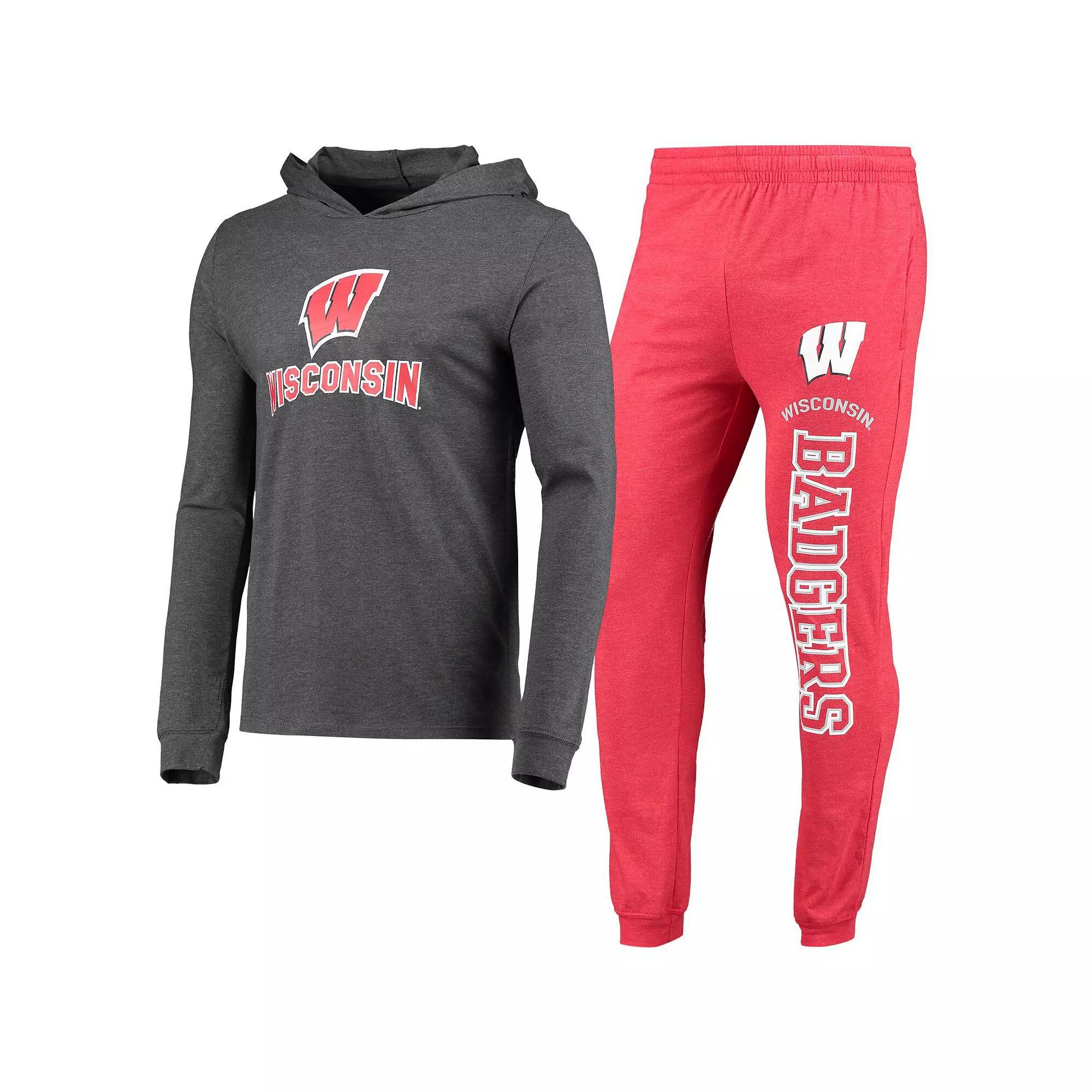 Men's Concepts Sport Heathered Red/Heathered Charcoal Wisconsin Badgers Meter Long Sleeve Hoodie T-Shirt & Jogger Pants Set,  Product Image