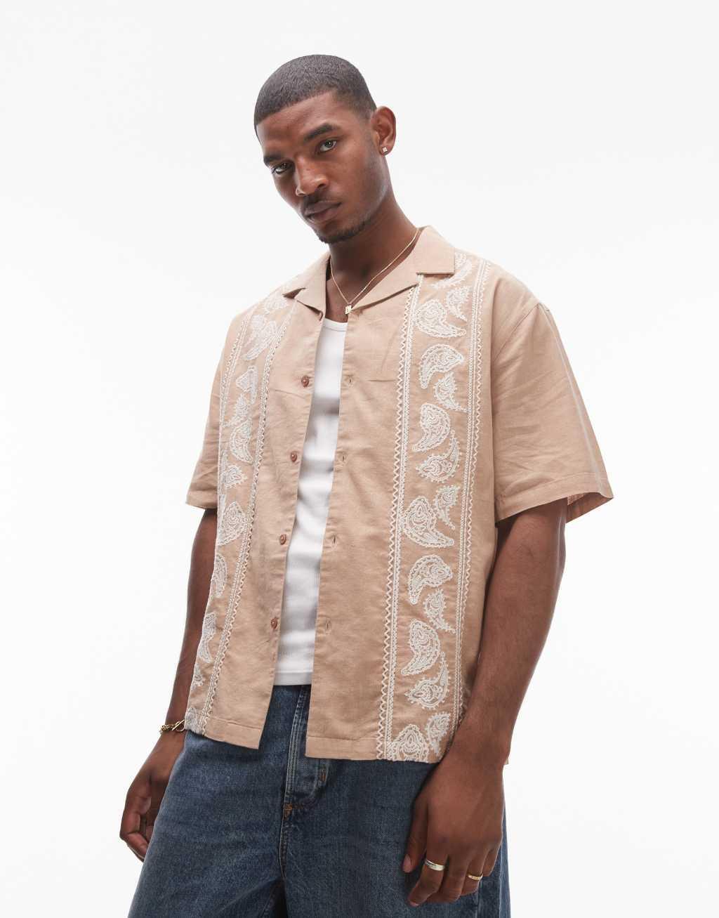 Topman short sleeve relaxed embroidered paisley shirt in stone Product Image