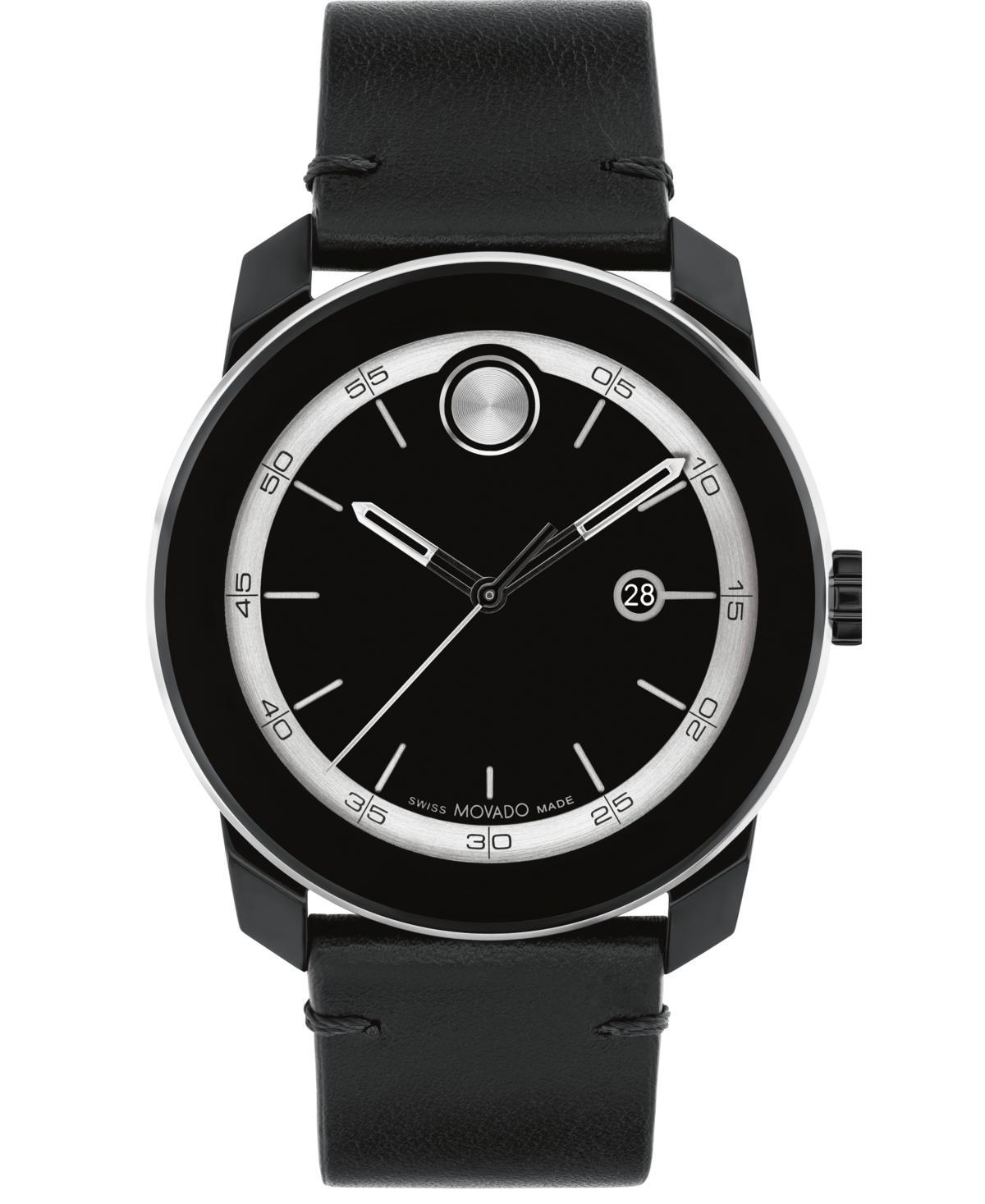 Movado Bold Mens TR90 Quartz Analog Silver Detail Black Leather Strap Watch Product Image