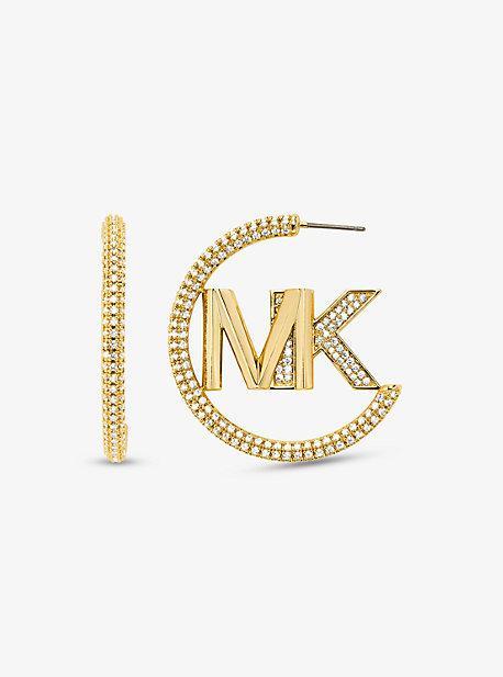 Precious Metal-Plated Brass Pavé Logo Hoop Earrings Product Image