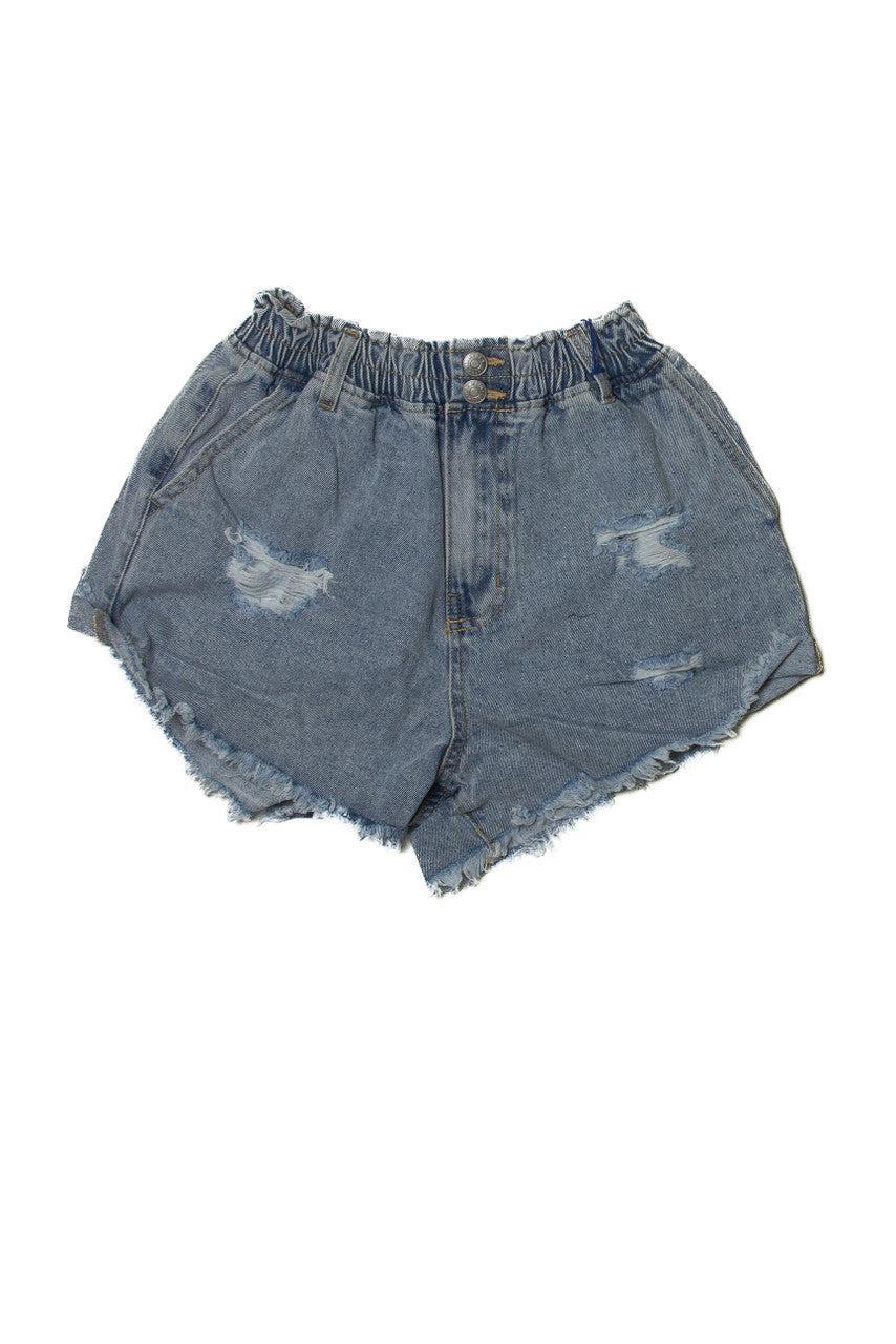 Elastic Waist Distressed Denim Shorts Product Image