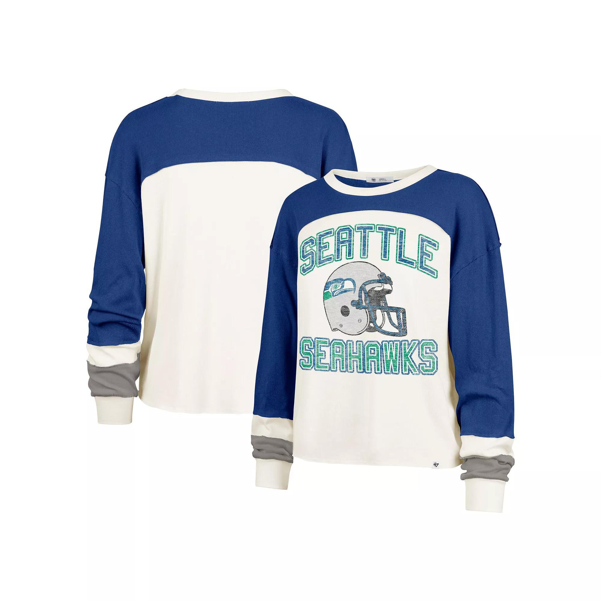 Women's '47 Cream Seattle Seahawks Double Header Curve Raglan Long Sleeve Crop Top, Size: Large, Beige Product Image