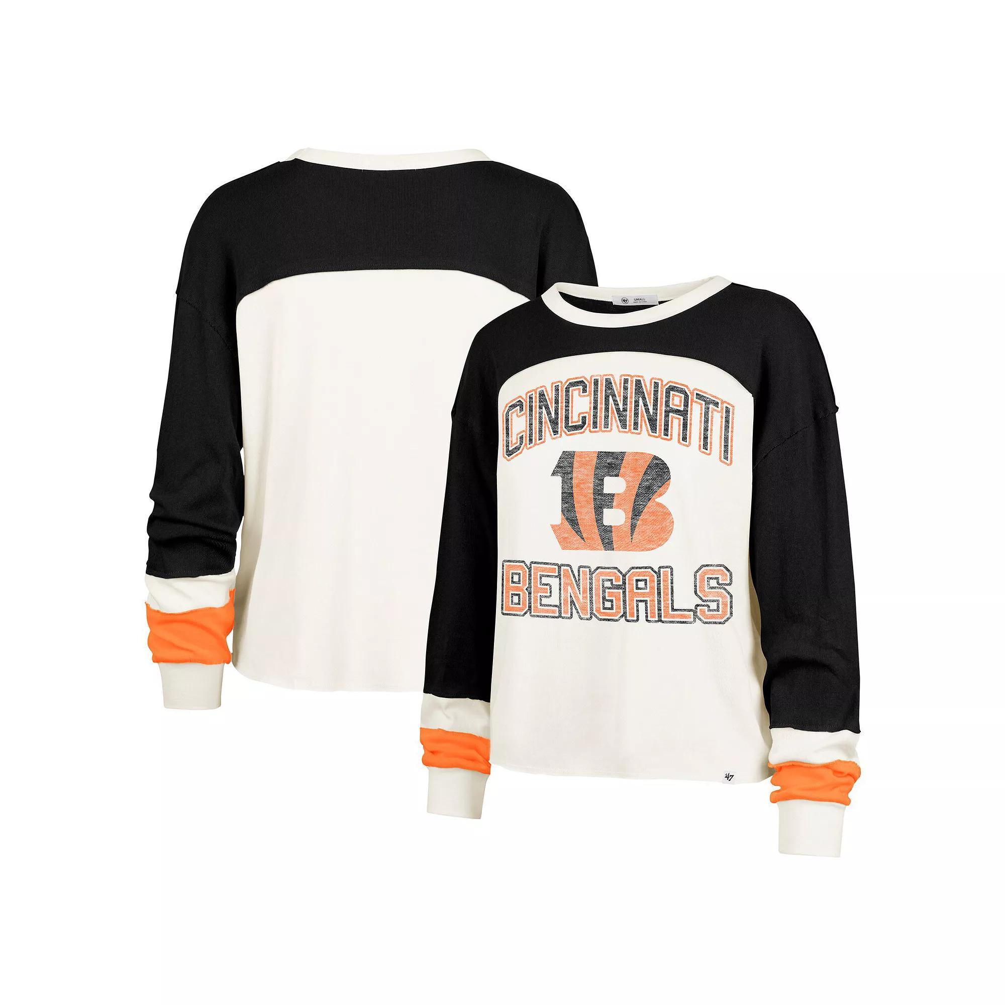 Women's '47 Cream Cincinnati Bengals Double Header Curve Raglan Long Sleeve Crop Top, Size: XL, Beige Product Image