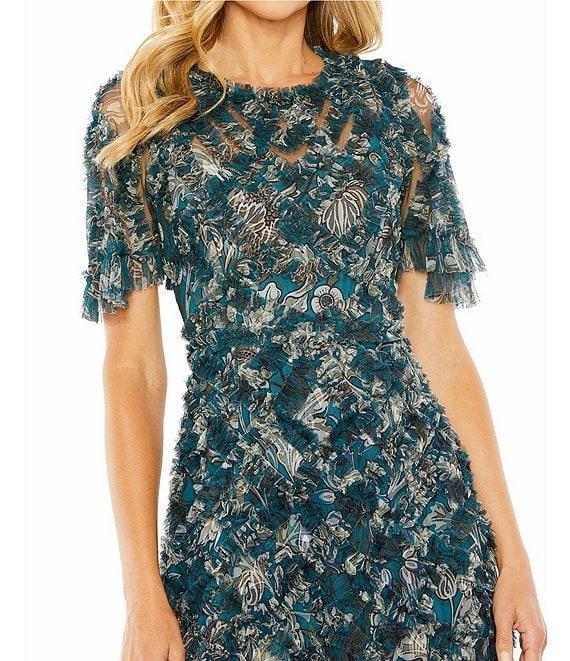Mac Duggal Flutter Sleeve Ruffle Mesh Overlay Print Aline Gown Product Image
