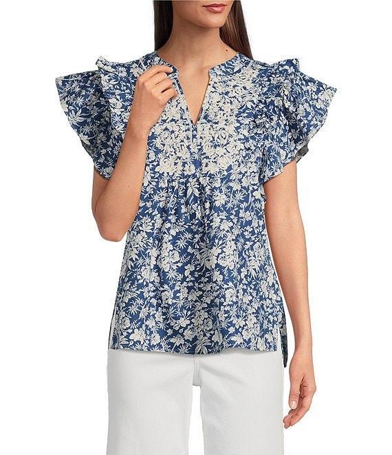 Calessa Printed Split V-Neck Ruffled Cap Sleeve Top Product Image