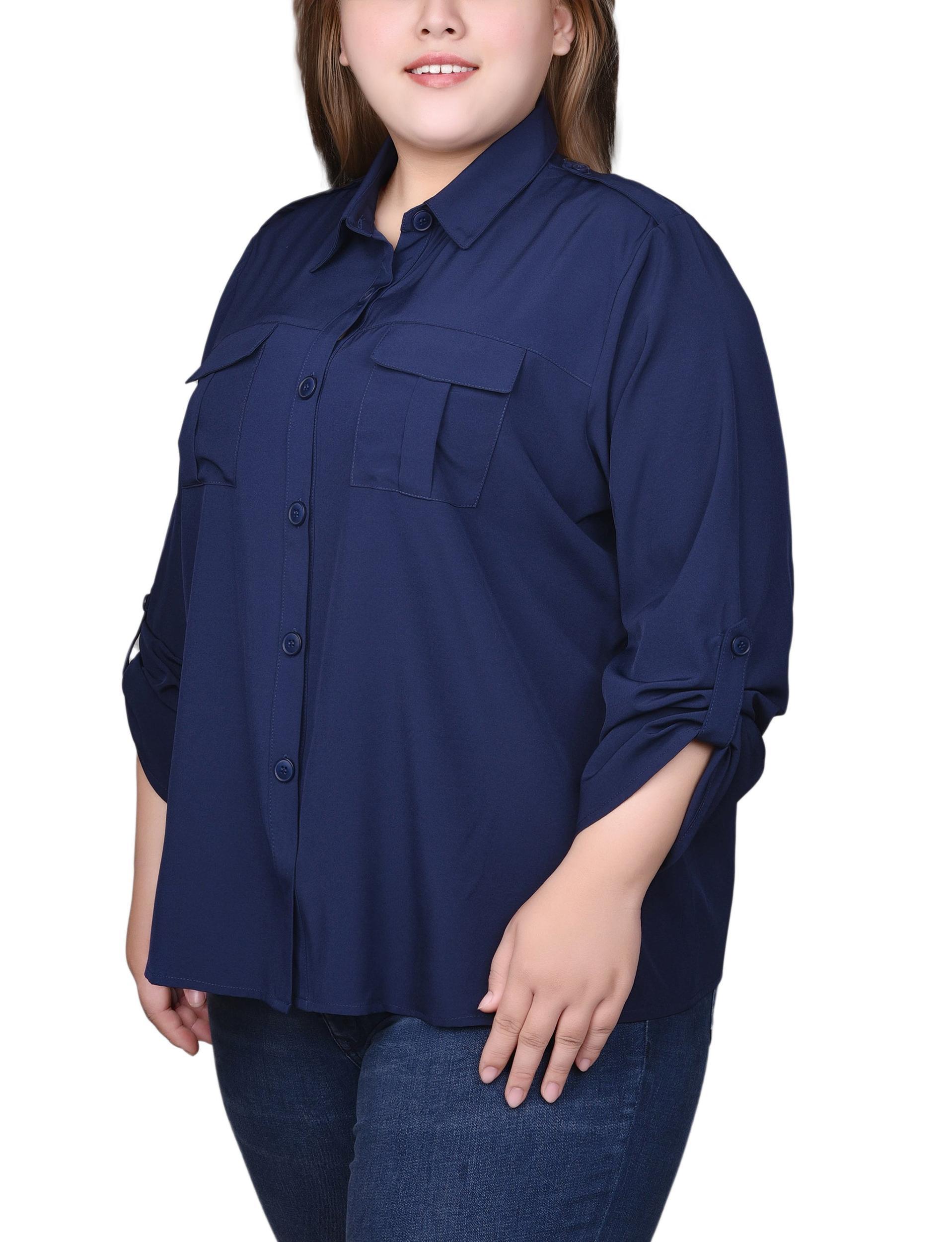 Blue 3/4 Sleeve Roll Tab Blouse - Plus Size Product Image