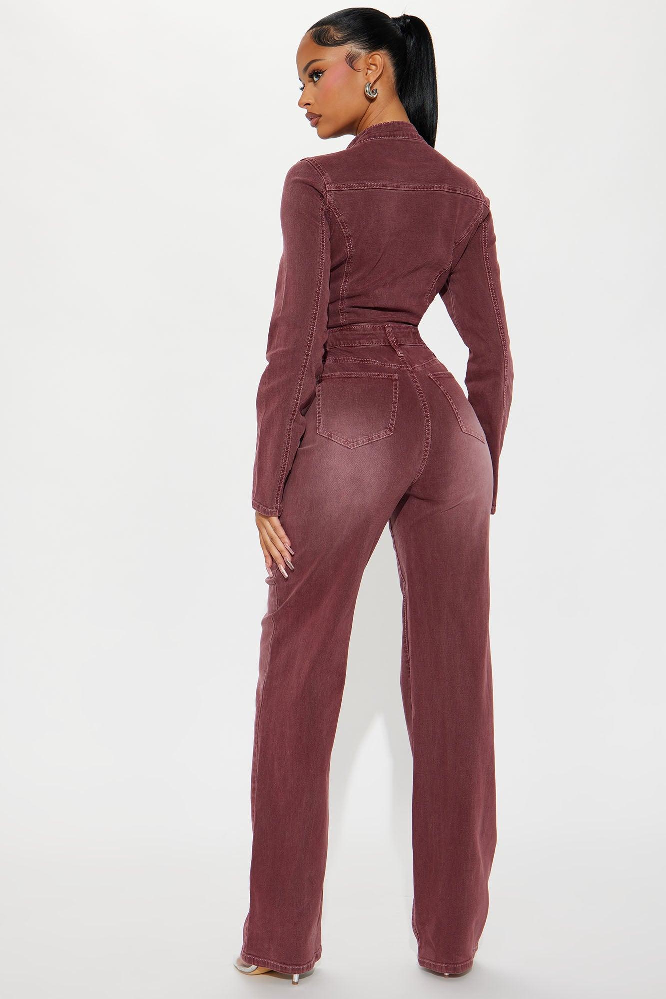 Hopped Off His Bike Denim Jumpsuit - Burgundy Product Image