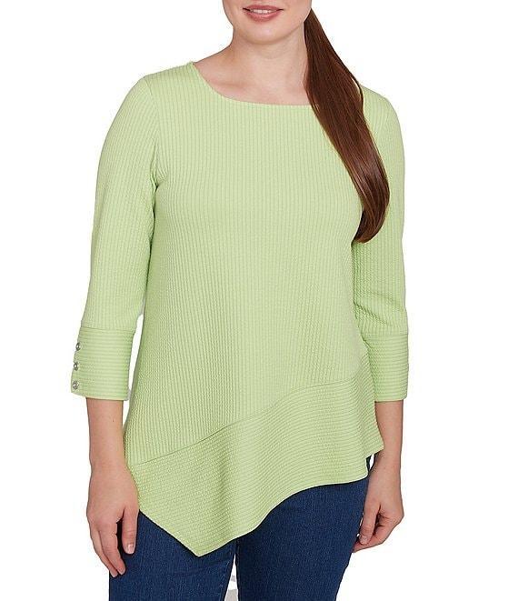 Ruby Rd. Knit Cable Stripe Square Neck 3/4 Sleeve Asymmetric Hem Top Product Image