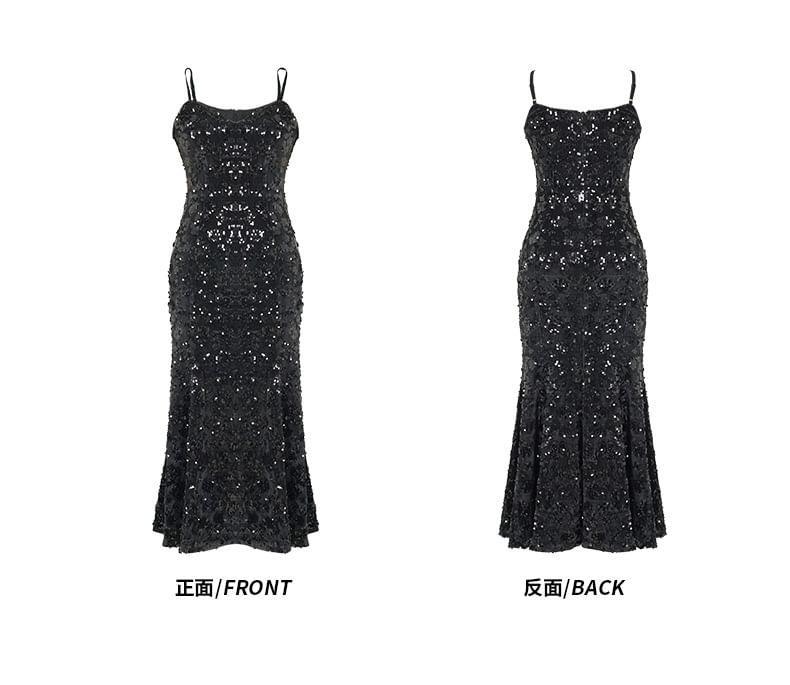 Spaghetti Strap Plain Sequin Midi Mermaid Dress Product Image