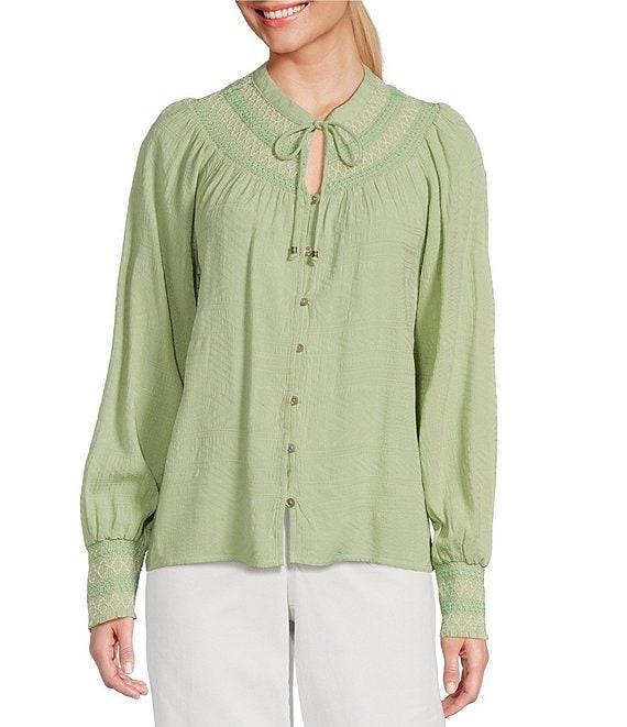 Nurture by Westbound Woven Long Sleeve Button Front Novelty Smocking Top Product Image