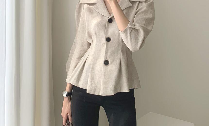 Long-Sleeve Lapel Collar Plain Button-Up Peplum Blouse Product Image