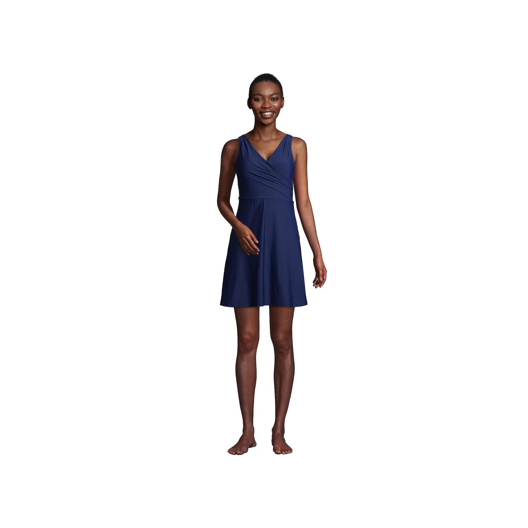 Women's Lands' End Tummy Control Surplice Faux-Wrap One-Piece Swim Dress, Size: 6 LONG, Deep  Blue Product Image