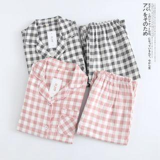 Loungewear Set : Long-Sleeve Plaid Top + Pants Product Image