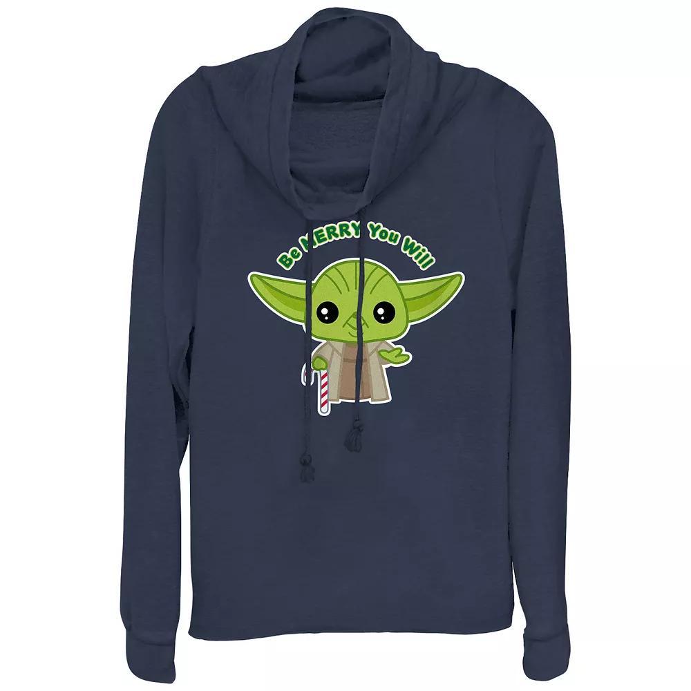 Women's Star Wars Yoda Be Merry You Will Cowlneck Graphic Lightweight Long Sleeve, Size: XS, Blue Product Image