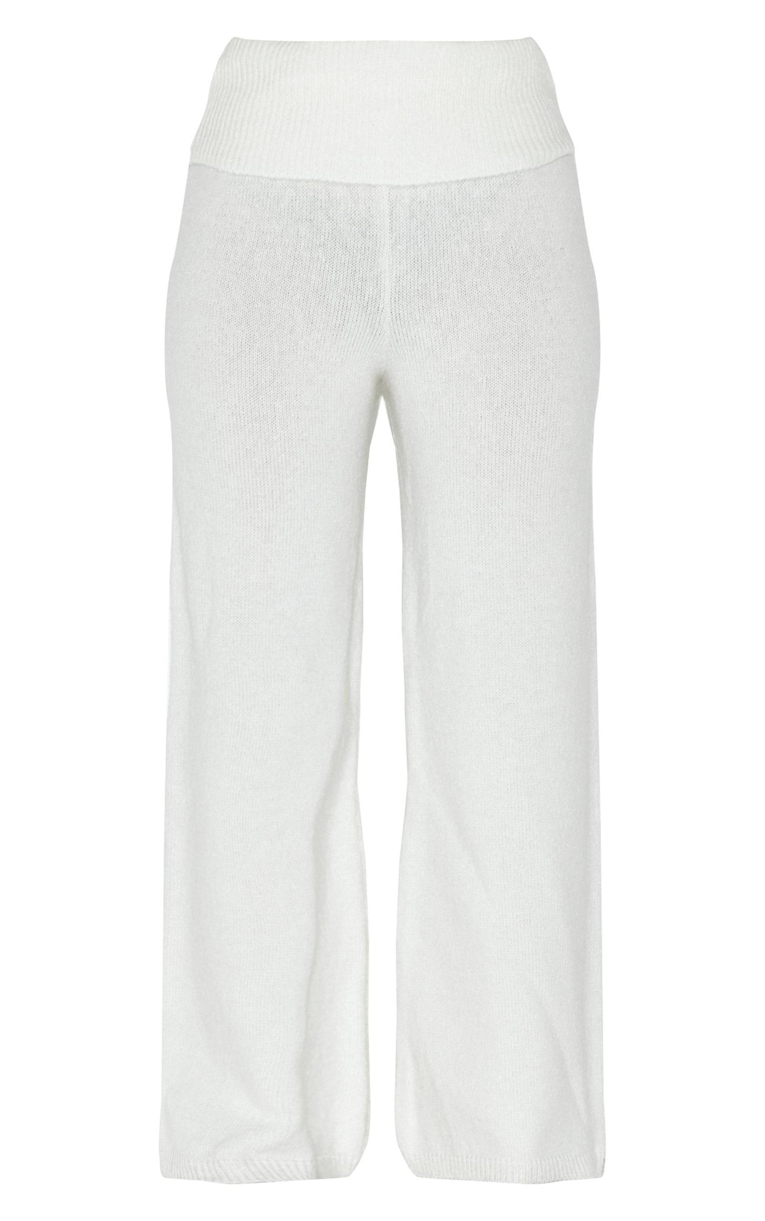 Petite Cream Knitted Fold Over Flare Pants Product Image