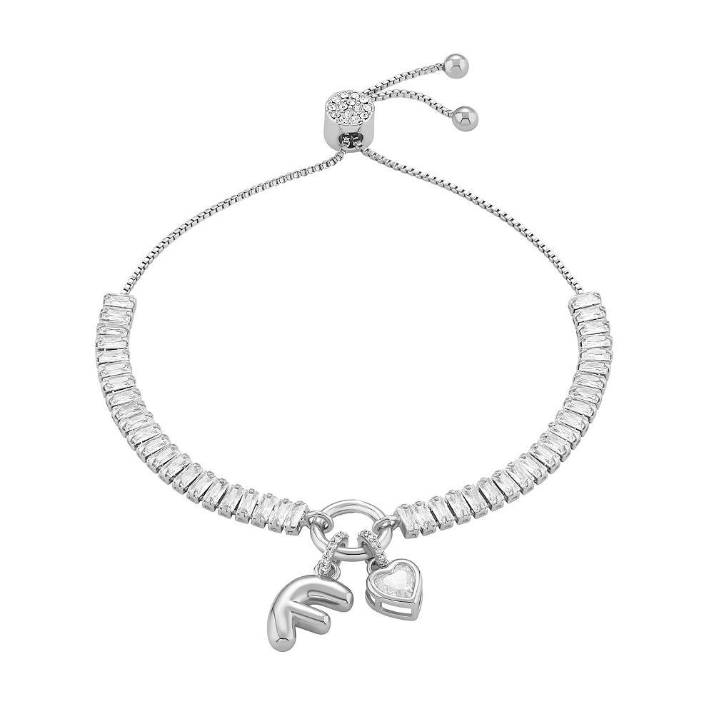Brilliance Cubic Zirconia Heart & Polished Bubble Initial Charm Adjustable Bracelet, Women's, Size: 4-10" ADJ, Silver Tone F Product Image