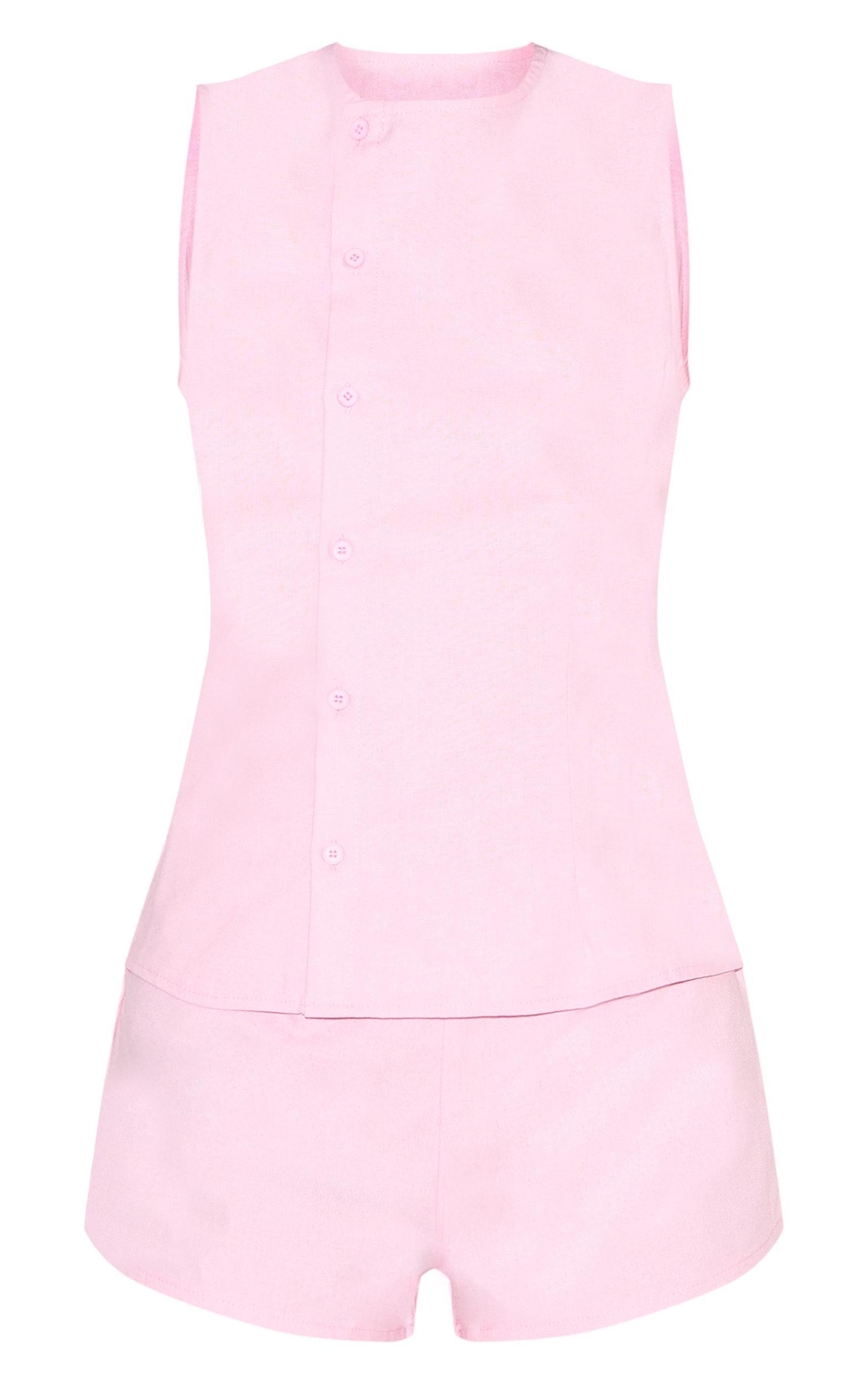 Candy Pink Linen Asymmetric Button Down Romper Product Image