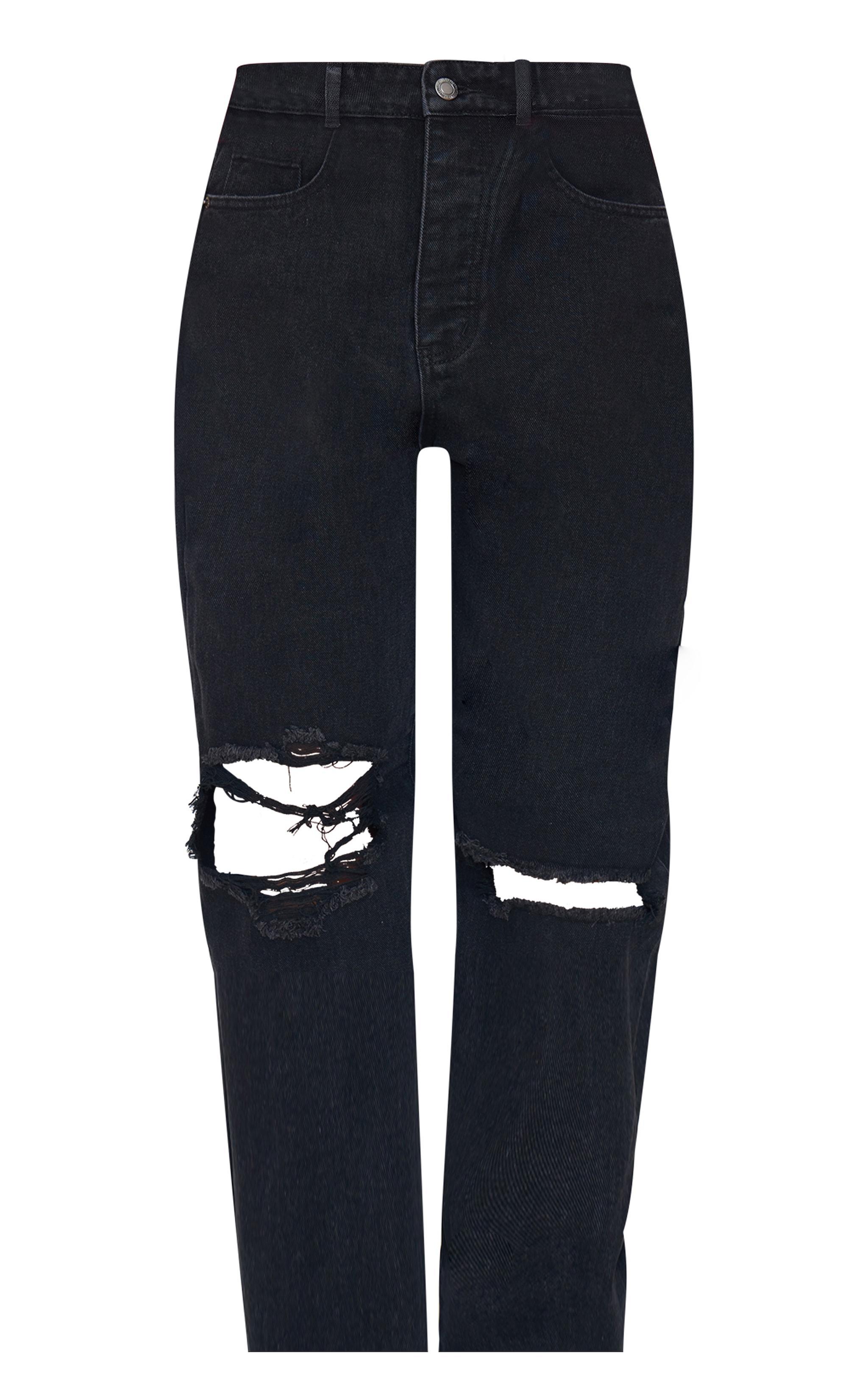 PRETTYLITTLETHING Washed Black Extreme Ripped Hem Boyfriend Jeans Product Image