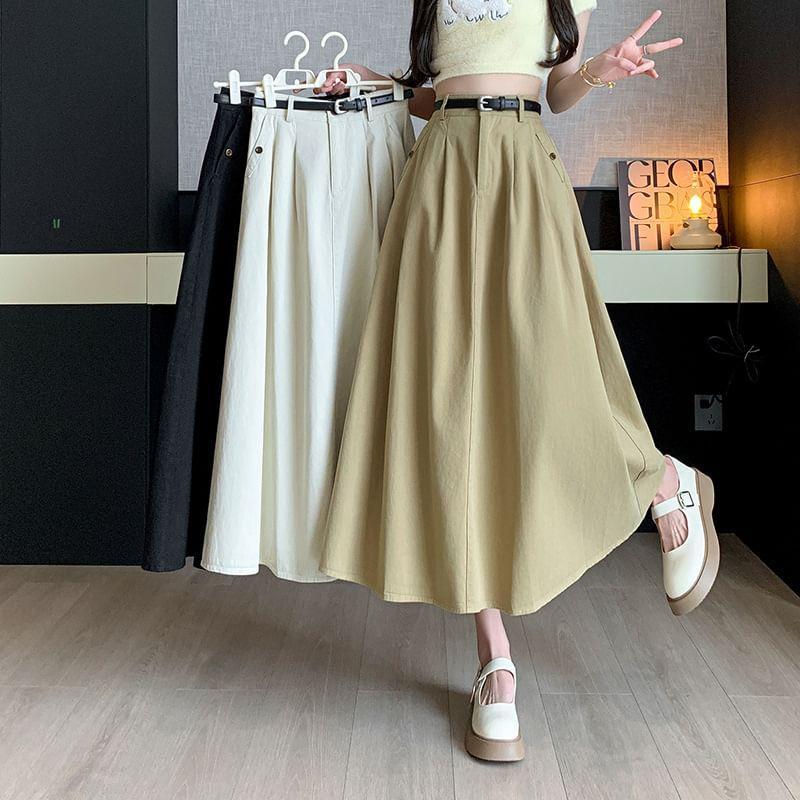 High Waist Plain Pleated Midi A-Line Denim Skirt Product Image