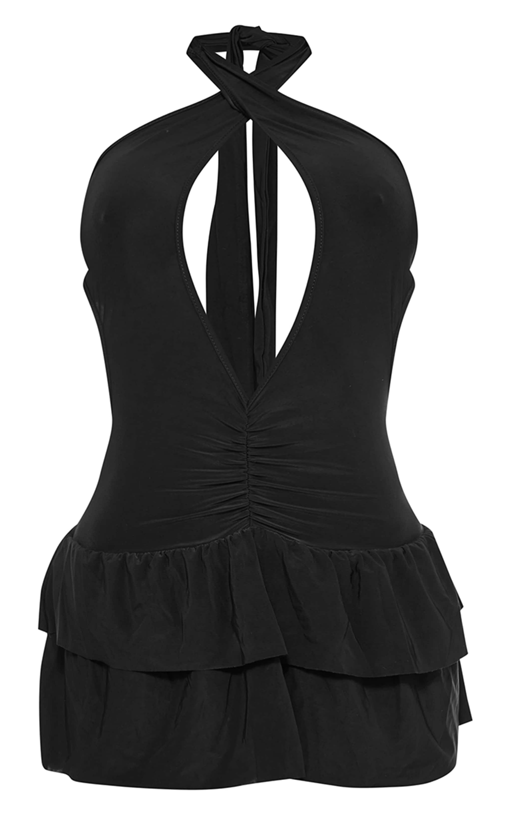 Black Slinky Ruched Halterneck Skort Romper Product Image