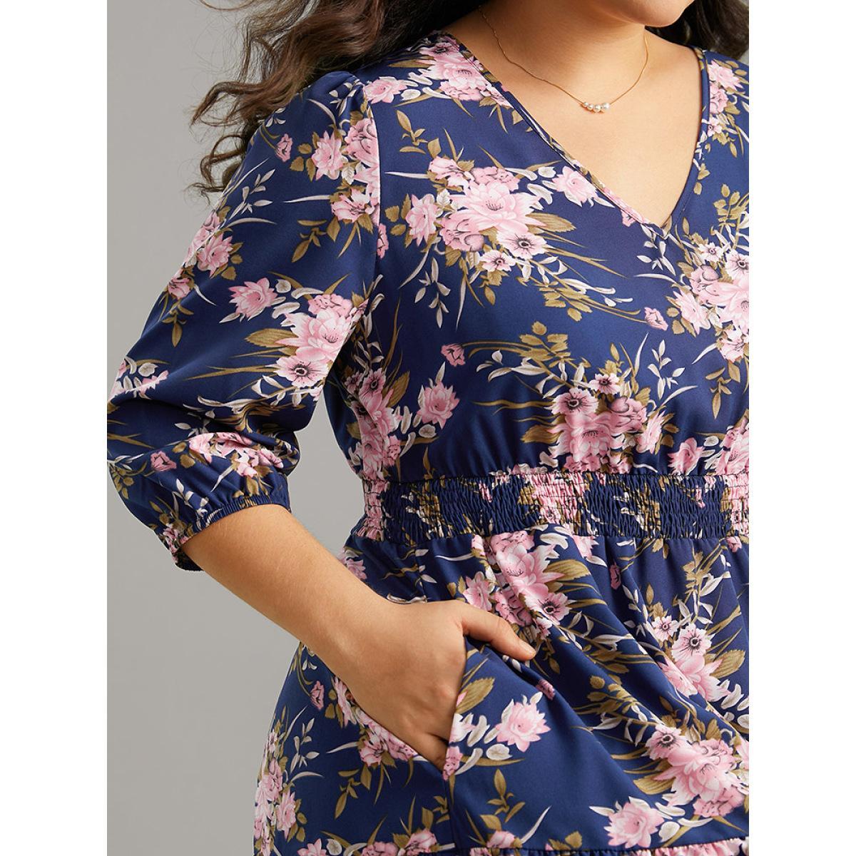 Plus Size Floral Print Shirred Elastic Cuffs Dress DarkBlue Women Elegant Pocket V-neck Elbow-length sleeve Curvy Midi Dress BloomChic 12/L Product Image