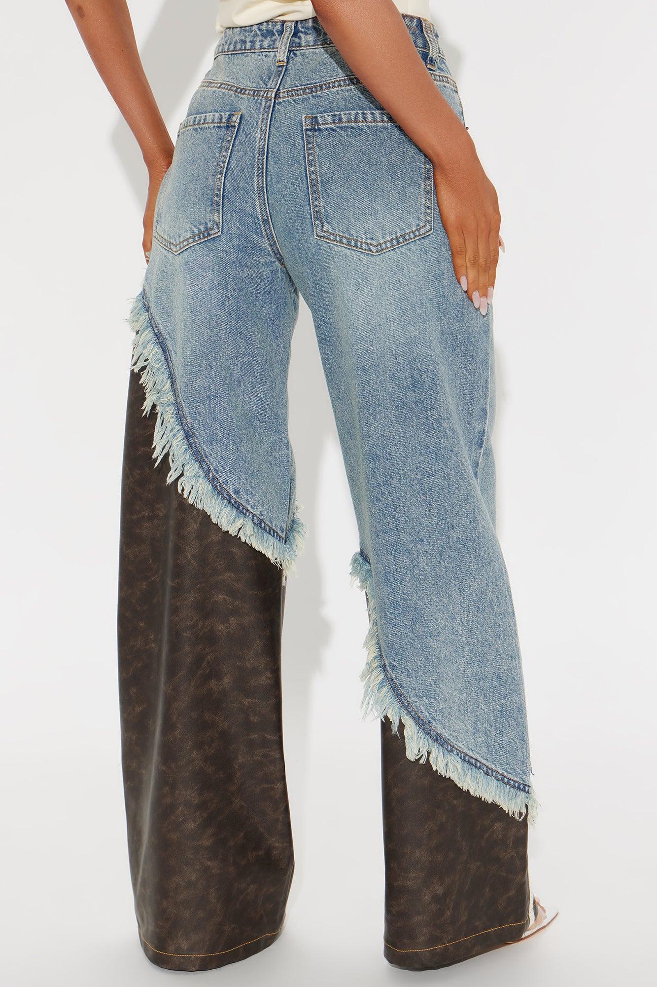 Jayde Striped PU Mix Wide Leg Jeans - Light Wash Product Image