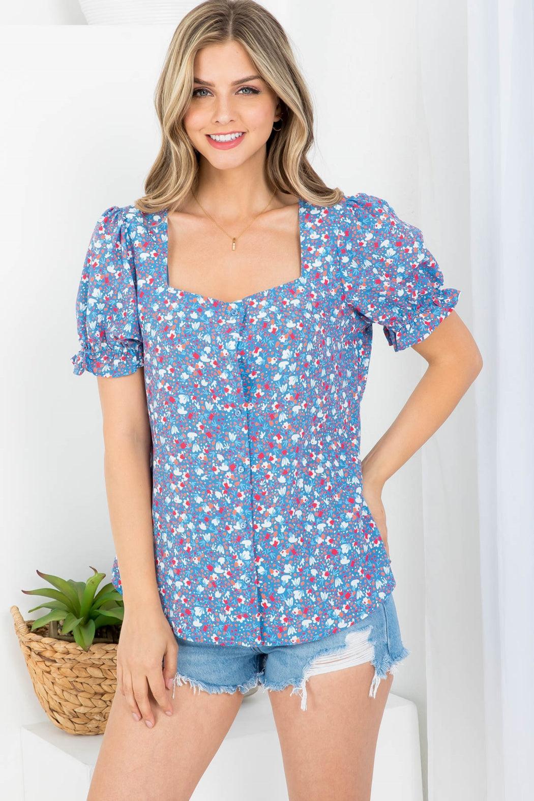 Blue FLORAL PRINT SQUARE NECKLINE BUTTON DOWN PUFFED SLEEVE TOP Product Image