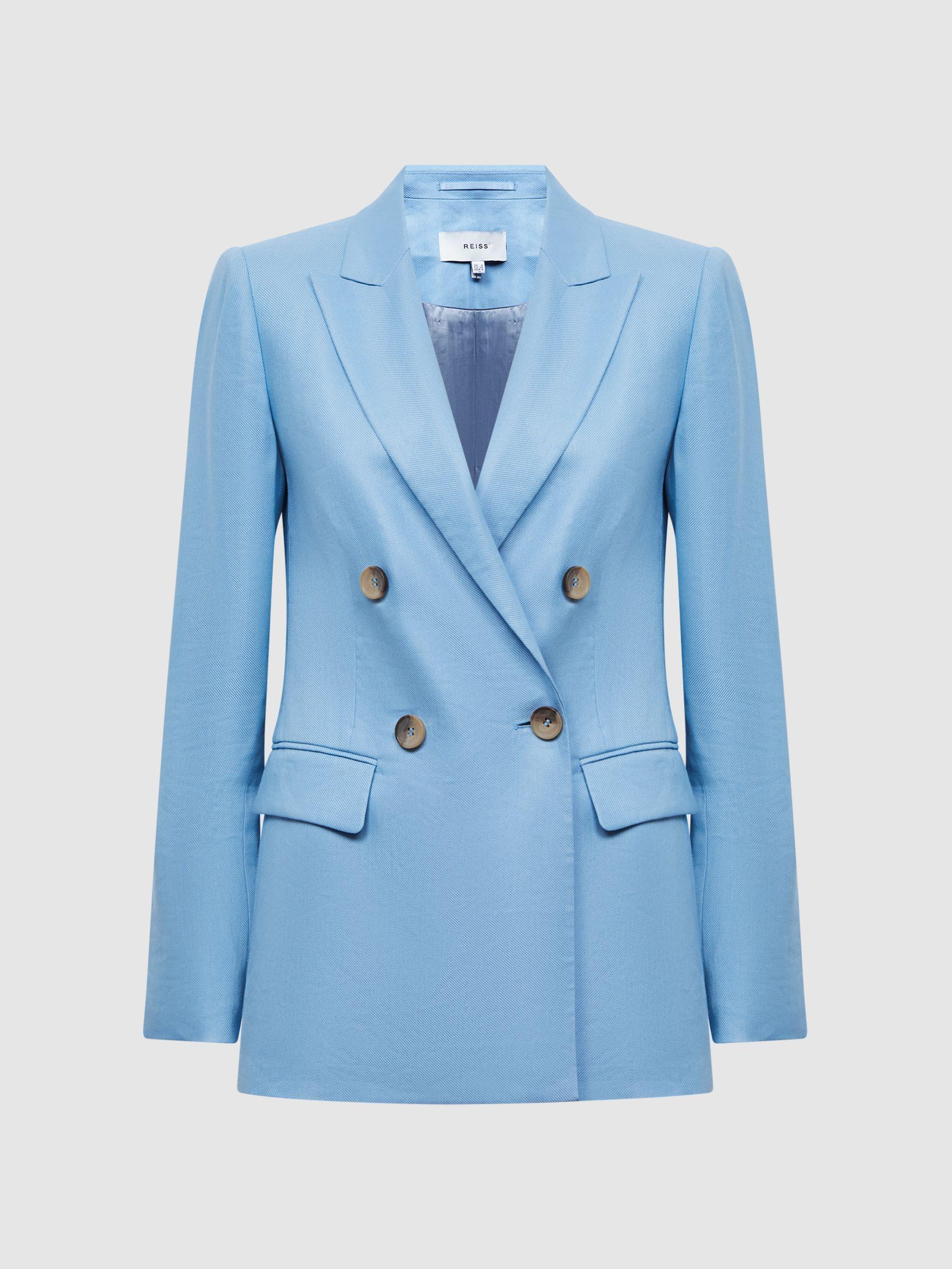 Petite Double Breasted Linen Blazer in Blue Product Image