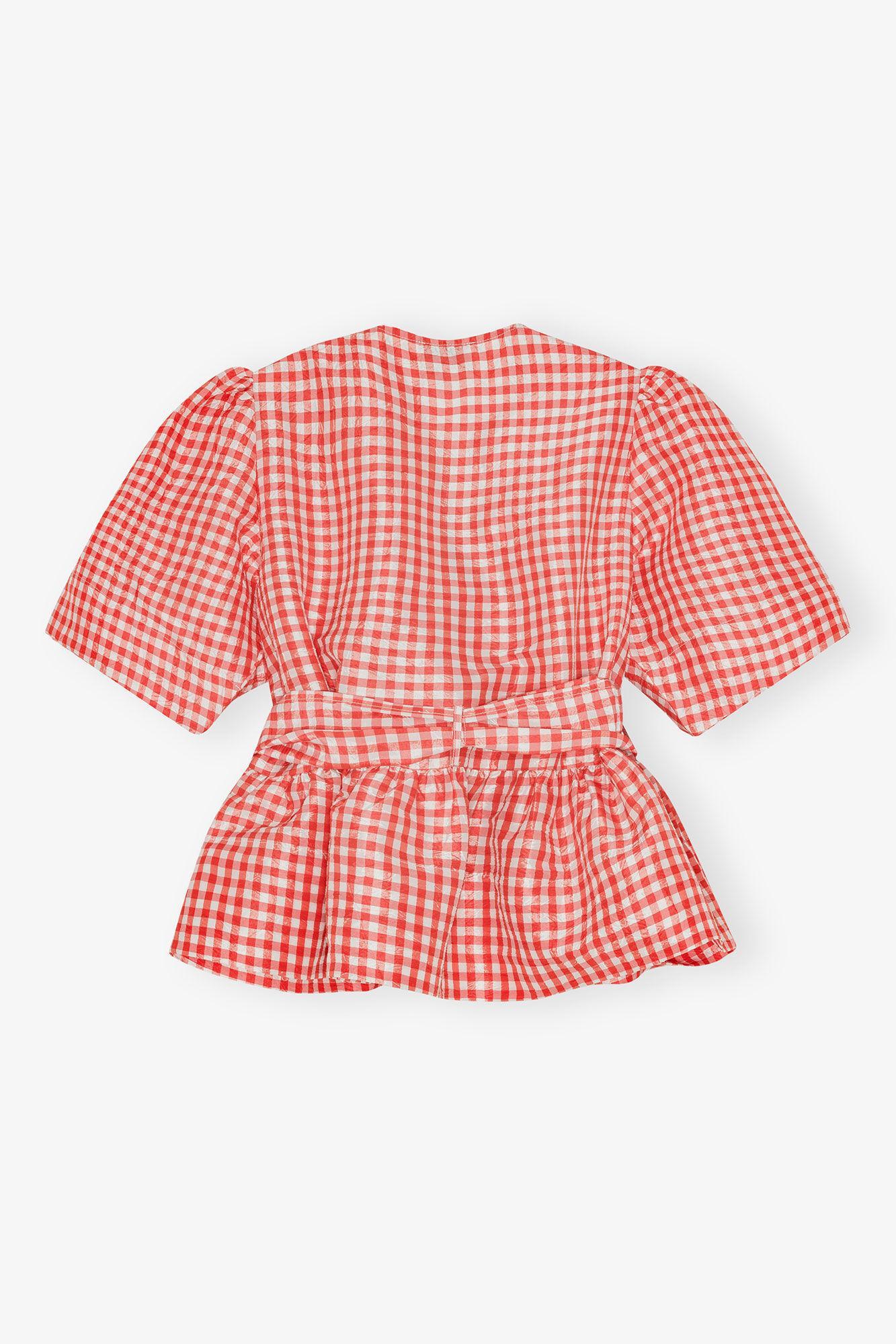 Red Crinkled Check Taffeta Blouse Product Image