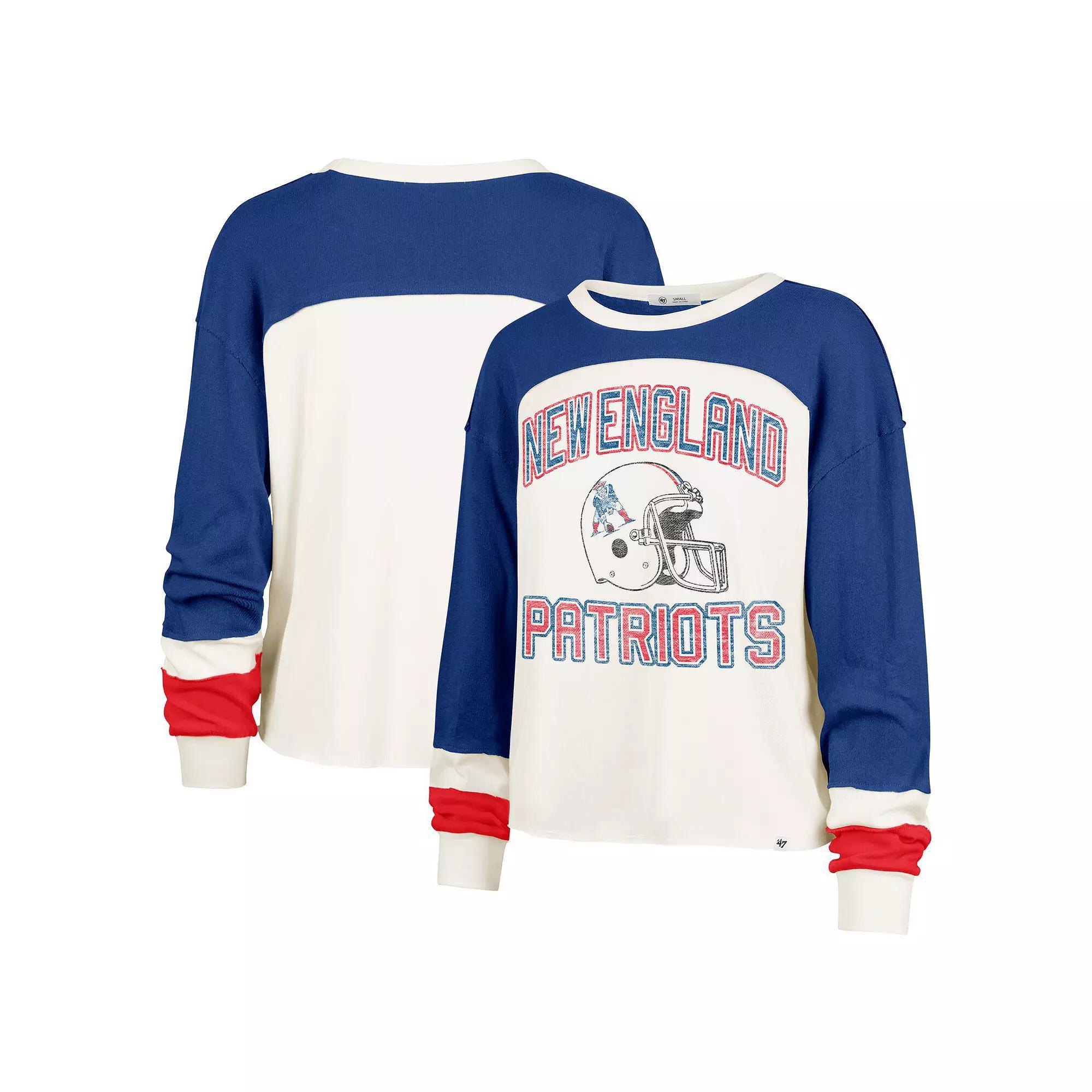 Women's '47 Cream New England Patriots Double Header Curve Raglan Long Sleeve Crop Top, Size: XL, Beige Product Image