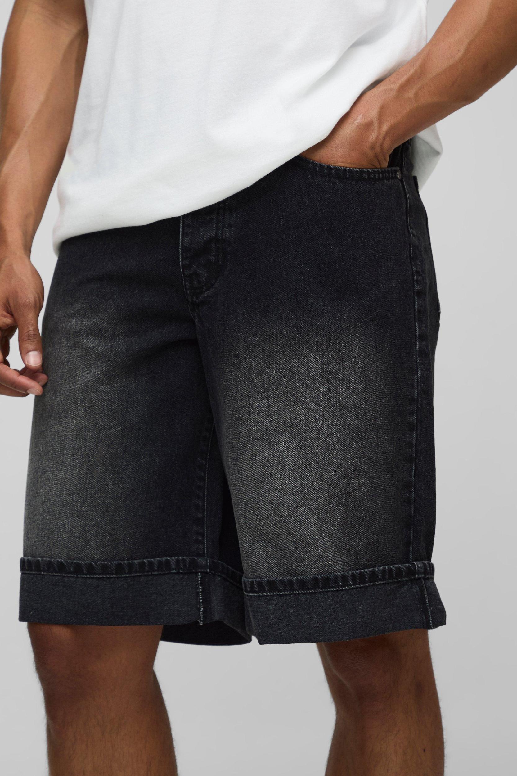Regular Fit Washed Turn Up Hem Jorts | boohooMAN USA Product Image