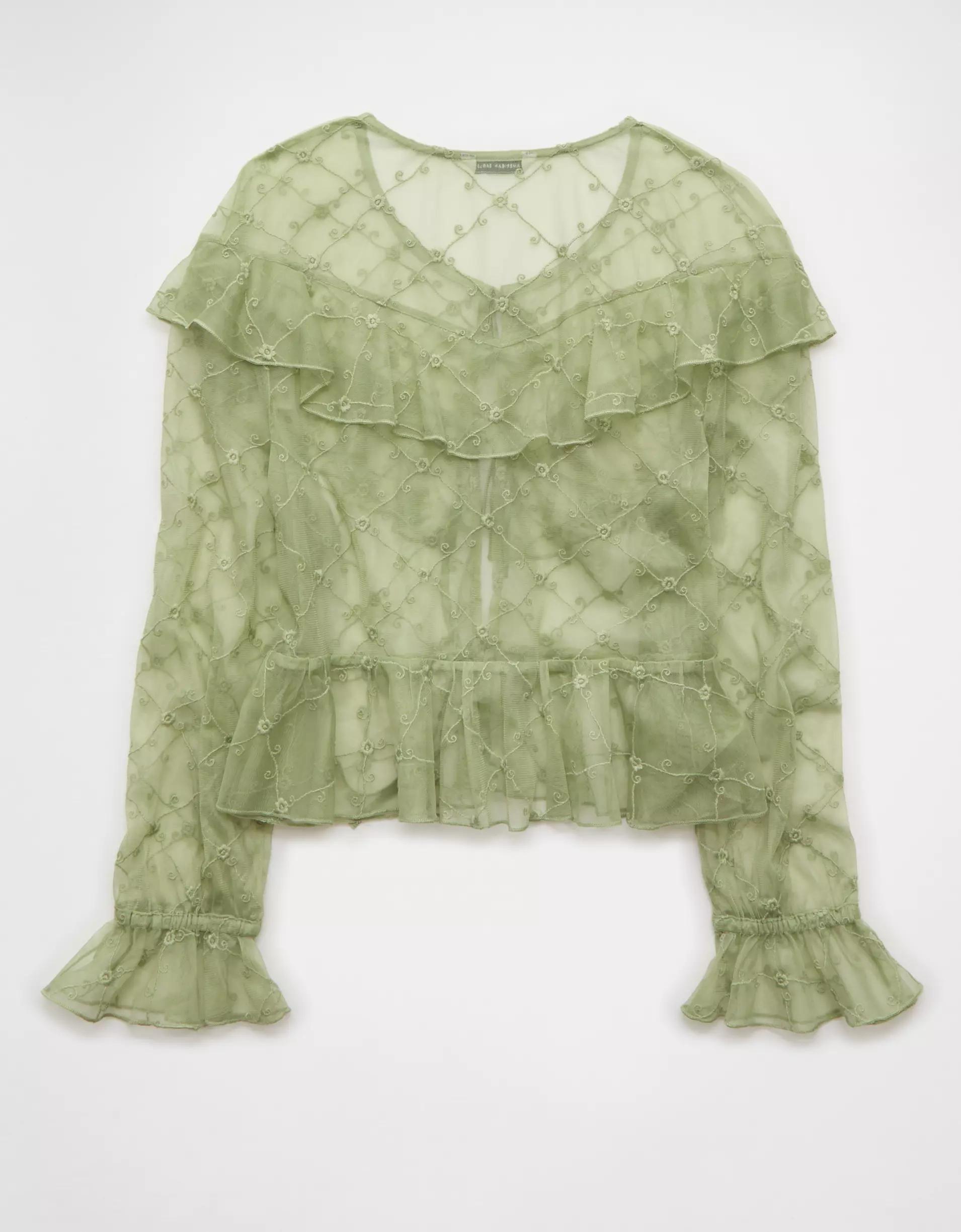 AE Embroidered Tie-Front Mesh Blouse Product Image