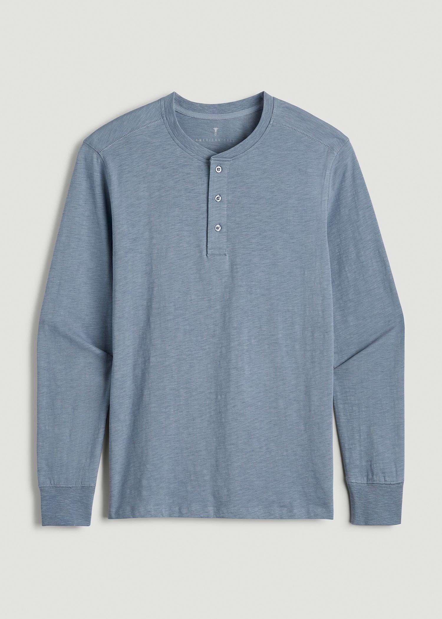 Three-Button Long Sleeve Slub Henley for Tall Men in Chambray Male Product Image