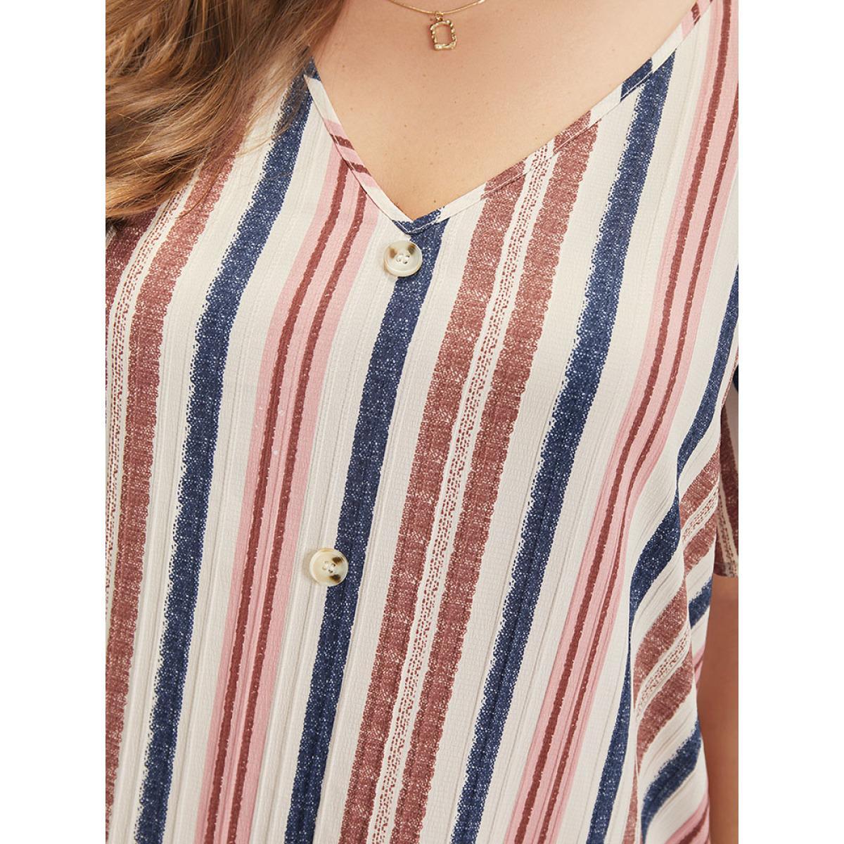 Plus Size Striped Button Detail Pocket Ruffle Hem Dress Multicolor Women Vacation Gathered V-neck Short sleeve Curvy Knee Dress BloomChic 10/M Product Image