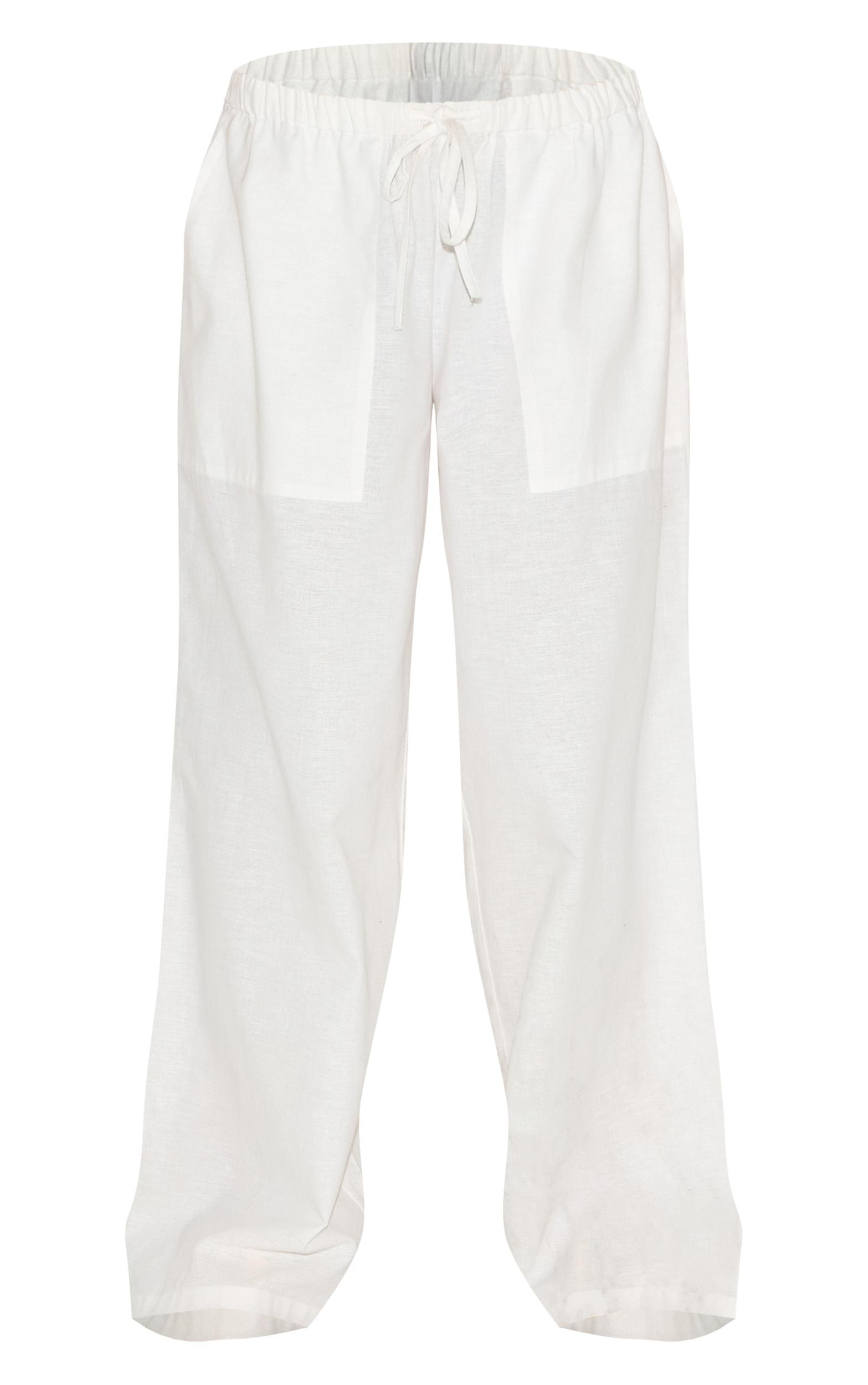 Petite White Linen Drawstring Waist Pants Product Image