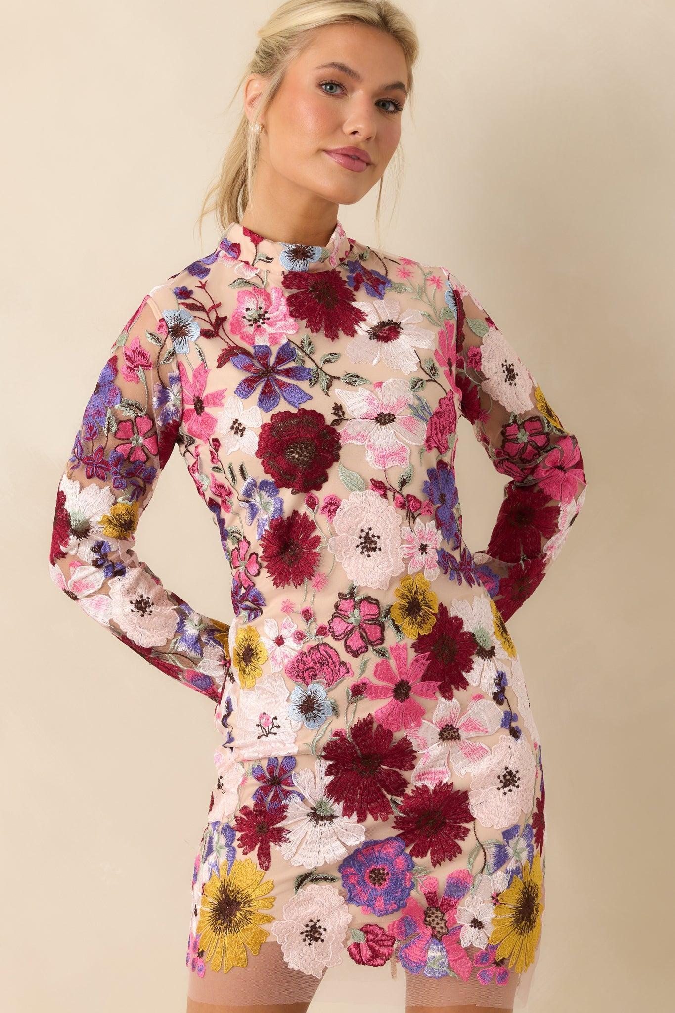 Petals Of Time Fuchsia Multi Floral Mini Dress Product Image