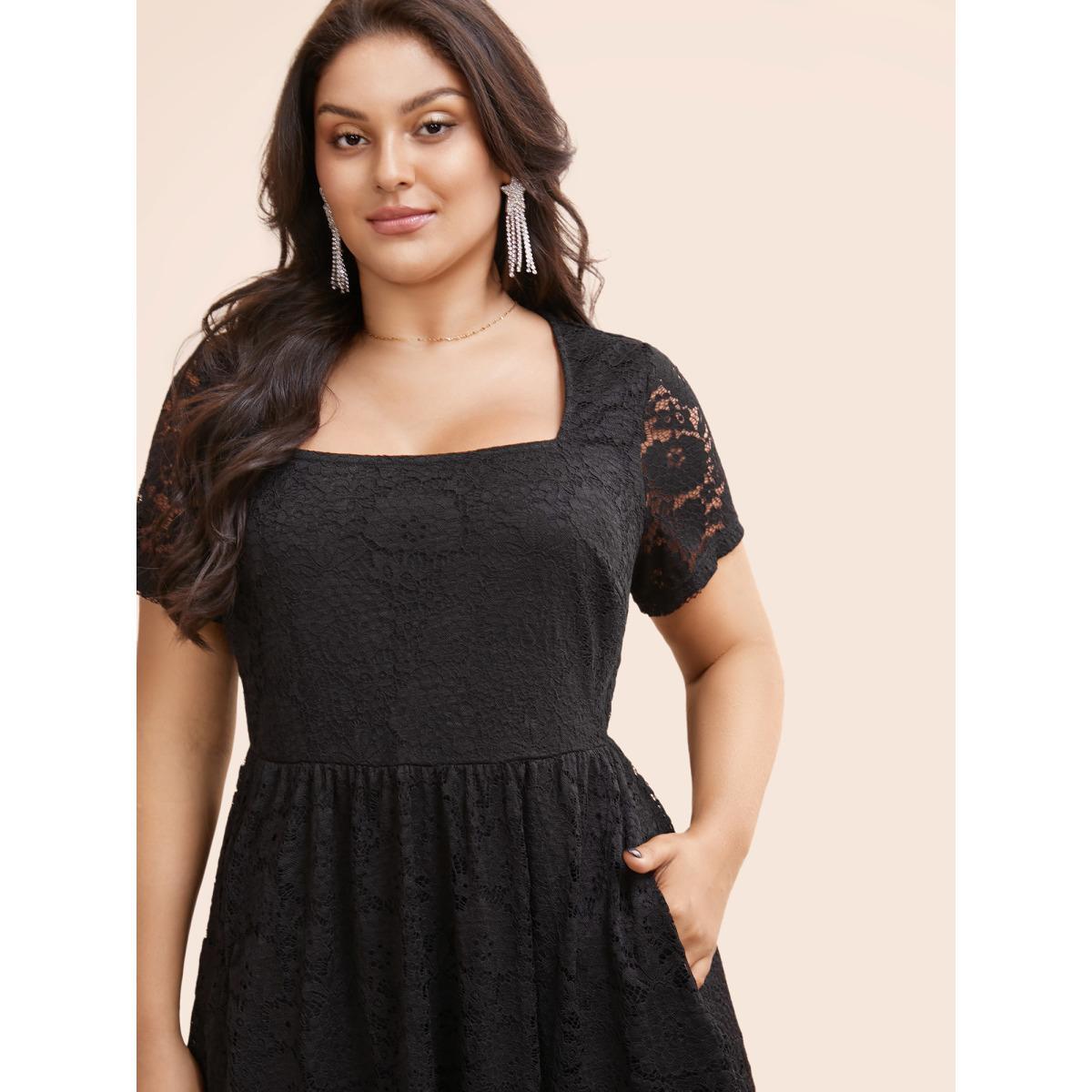 Plus Size Square Neck Lace Mesh Midi Dress Black Women Casual Woven ribbon&lace trim Square Neck Short sleeve Curvy BloomChic 28/5X Product Image